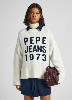 Pepe Jeans Logo Print Knit Stickat Dam Vita | 874063LTN