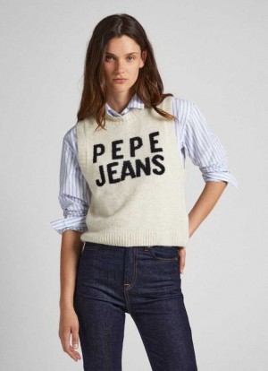 Pepe Jeans Logo Print Knit Vest Stickat Dam Vita | 349610RKU