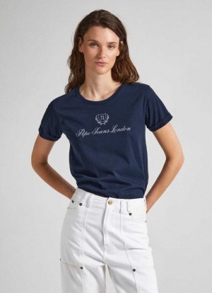 Pepe Jeans Logo Print T-shirt T-shirt Dam Blå | 382609MCH