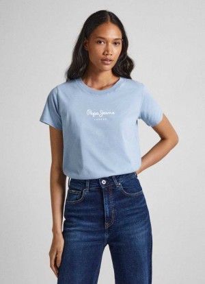 Pepe Jeans Logo Print T-shirt T-shirt Dam Grå Blå | 341082KTN