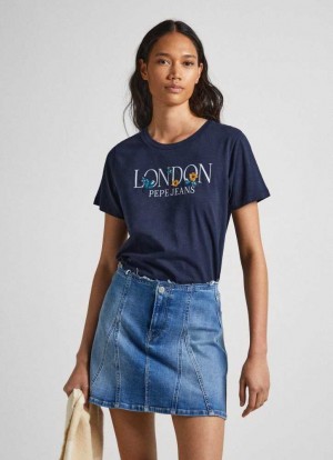 Pepe Jeans Logo Print T-shirt T-shirt Dam Blå | 082953BHQ