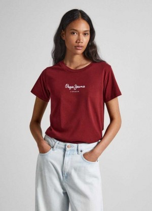 Pepe Jeans Logo Print T-shirt T-shirt Dam Vinröda Röda | 732081XWO