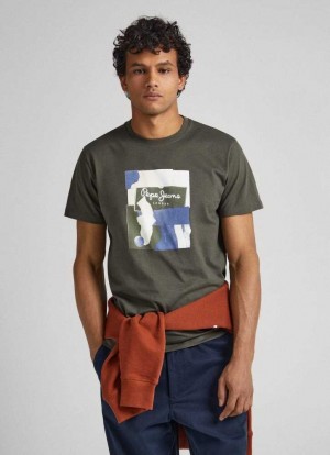 Pepe Jeans Logo Print T-shirt T-shirt Herr Olivgröna Gröna | 580791SFN