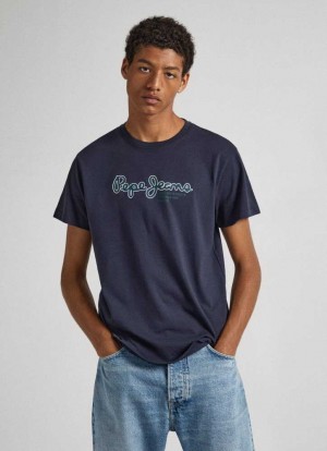 Pepe Jeans Logo Print T-shirt T-shirt Herr Blå | 546273MGT