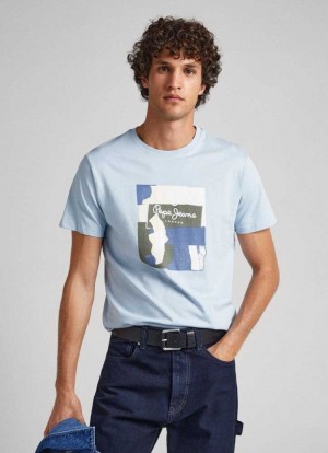 Pepe Jeans Logo Print T-shirt T-shirt Herr Blå | 423165WDV