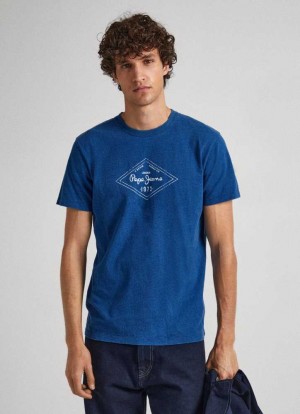 Pepe Jeans Logo Print T-shirt T-shirt Herr Indigo Blå | 403281BVM