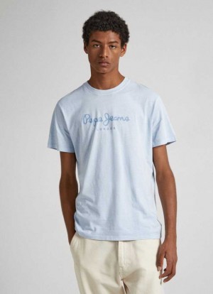 Pepe Jeans Logo Print T-shirt T-shirt Herr Blå | 157298WZN