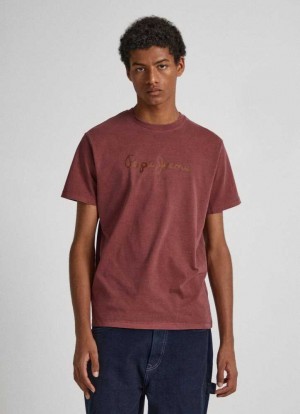 Pepe Jeans Logo Print T-shirt T-shirt Herr Vinröda Röda | 125736CPN