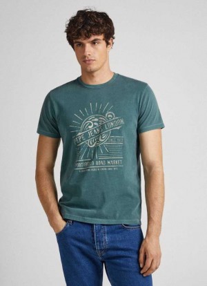 Pepe Jeans Logo Print T-shirt T-shirt Herr Gröna | 856792DGW