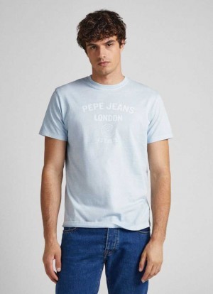 Pepe Jeans Logo Print T-shirt T-shirt Herr Blå | 742561ZBX