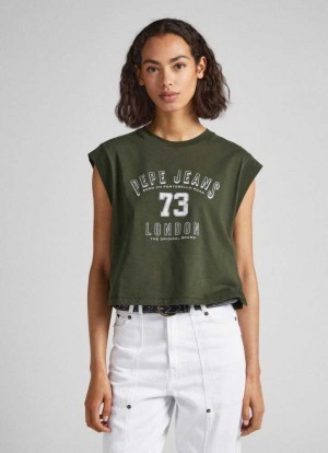 Pepe Jeans Logo Print Ärmlös T-shirt T-shirt Dam Olivgröna Gröna | 012843XAF