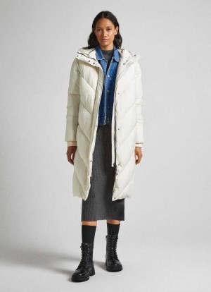 Pepe Jeans Long Quiltad Puffer Jacket Jacka Dam Vita | 628450HKI