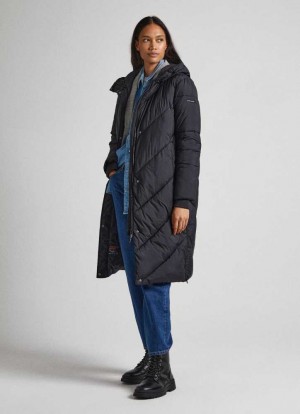 Pepe Jeans Long Quiltad Puffer Jacket Jacka Dam Svarta | 825436ONM