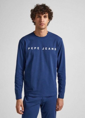 Pepe Jeans Long Sleeve Bomull Jersey Shirt Underkläder Herr Marinblå | 209167ANF
