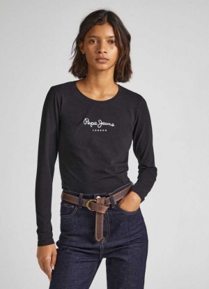 Pepe Jeans Long-sleeved Bomull T-shirt T-shirt Dam Svarta | 940631DPX