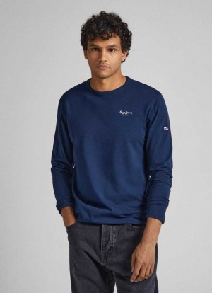Pepe Jeans Long-sleeved Bomull T-shirt T-shirt Herr Marinblå | 934506XTV
