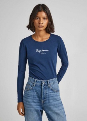 Pepe Jeans Long-sleeved Bomull T-shirt T-shirt Dam Marinblå | 176842NOK