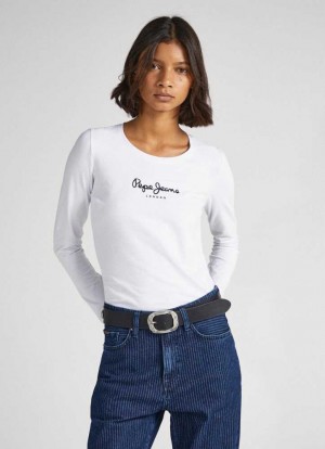Pepe Jeans Long-sleeved Bomull T-shirt T-shirt Dam Vita | 048712HSM
