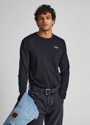 Pepe Jeans Long-sleeved Bomull T-shirt T-shirt Herr Svarta | 670529ZMP