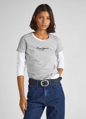 Pepe Jeans Lycra T-shirt With Printed Logo T-shirt Dam Grå | 483265TOG