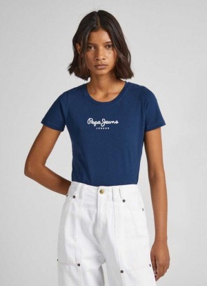 Pepe Jeans Lycra T-shirt With Printed Logo T-shirt Dam Marinblå | 478691ZRM