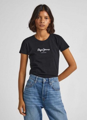 Pepe Jeans Lycra T-shirt With Printed Logo T-shirt Dam Svarta | 870345PYH