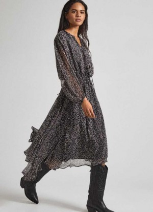 Pepe Jeans Midi Klänning With Animal Print Klänning Dam Svarta | 437519FPB