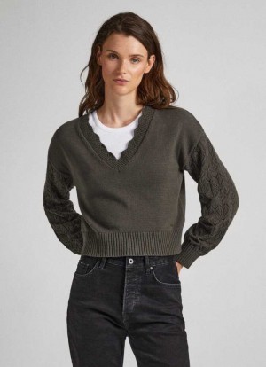 Pepe Jeans Openwork Sleeve Knit Jumpers Dam Olivgröna Gröna | 803945ICJ