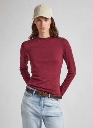 Pepe Jeans Perkins Collar Long Sleeve T-shirt T-shirt Dam Vinröda Röda | 614803UHD