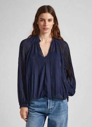 Pepe Jeans Plisserad Chiffon Blouse Blus Dam Blå | 763502PEL