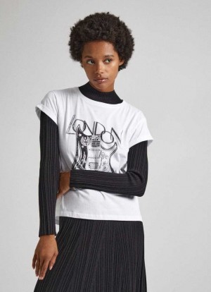 Pepe Jeans Printed Bomull T-shirt T-shirt Dam Vita | 194205YNW