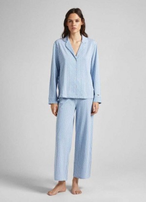Pepe Jeans Printed Logo Bomull Pajama Set Underkläder Dam Blå | 234917YMD