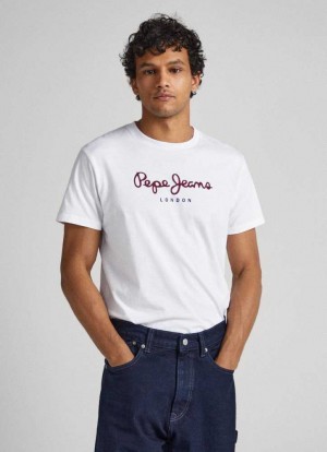 Pepe Jeans Printed Logo Bomull T-shirt T-shirt Herr Vita | 952861IEA
