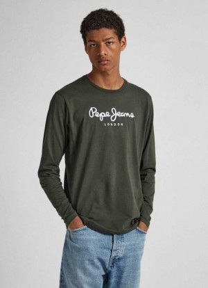 Pepe Jeans Printed Logo Bomull T-shirt T-shirt Herr Olivgröna Gröna | 416789CNF