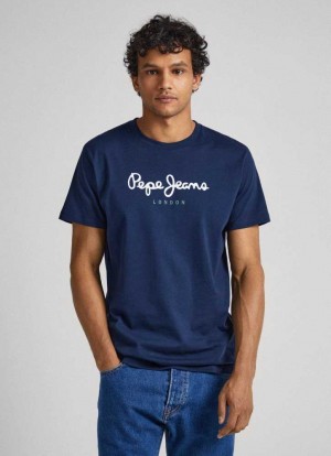 Pepe Jeans Printed Logo Bomull T-shirt T-shirt Herr Marinblå | 386745KYM
