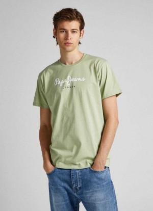 Pepe Jeans Printed Logo Bomull T-shirt T-shirt Herr Gröna | 285176QTW