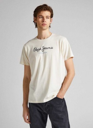 Pepe Jeans Printed Logo Bomull T-shirt T-shirt Herr Vita | 048193UQB
