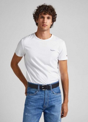 Pepe Jeans Printed Logo Bomull T-shirt T-shirt Herr Vita | 893761HGW