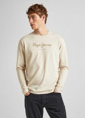 Pepe Jeans Printed Logo Bomull T-shirt T-shirt Herr Ljusbeige | 975863NHZ