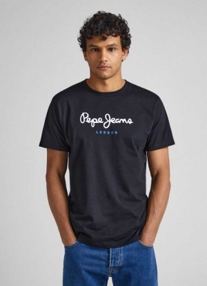 Pepe Jeans Printed Logo Bomull T-shirt T-shirt Herr Svarta | 846730GWP