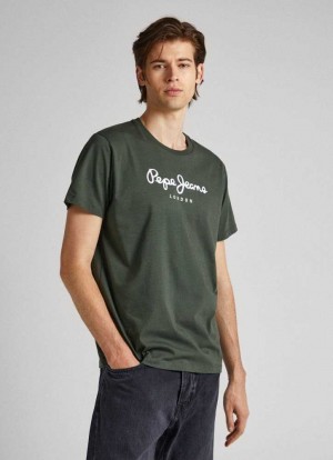 Pepe Jeans Printed Logo Bomull T-shirt T-shirt Herr Olivgröna Gröna | 835190FSR
