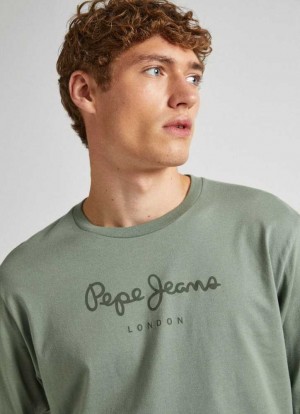 Pepe Jeans Printed Logo Bomull T-shirt T-shirt Herr Bruna Gröna | 726435ZJC