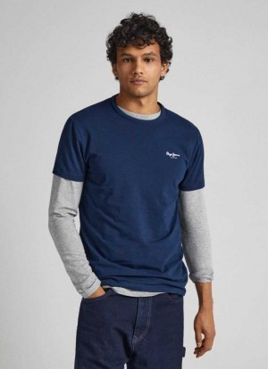 Pepe Jeans Printed Logo Bomull T-shirt T-shirt Herr Marinblå | 706943HTP