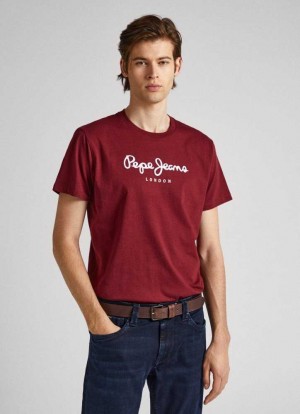 Pepe Jeans Printed Logo Bomull T-shirt T-shirt Herr Vinröda Röda | 682741KLC