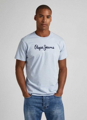 Pepe Jeans Printed Logo Bomull T-shirt T-shirt Herr Blå | 649108FQN