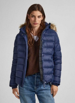 Pepe Jeans Puffer Jacket W/ Fur Lining On Hood Jacka Dam Blå | 819065VCT