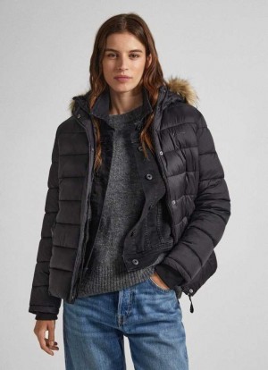 Pepe Jeans Puffer Jacket W/ Fur Lining On Hood Jacka Dam Svarta | 736128COH