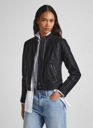 Pepe Jeans Quiltad Shoulder Biker Jacket Jacka Dam Svarta | 457218BQG