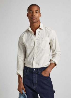 Pepe Jeans Randig Poplin Shirt Skjorta Herr Vita | 482905YDQ