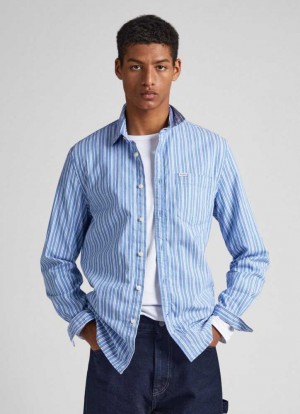 Pepe Jeans Randig Poplin Shirt Skjorta Herr Blå | 185624DNL